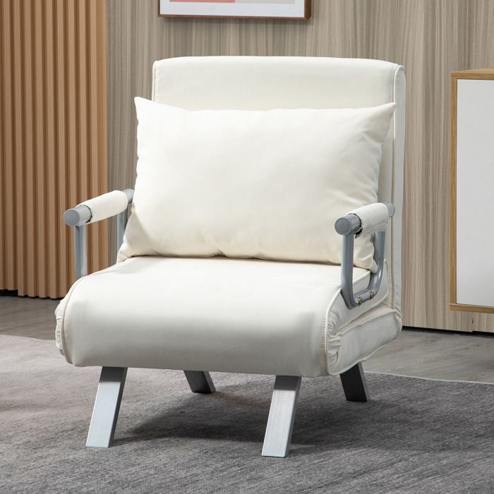 Sillón/sofá cama convertible - HOMCOM - 1 plaza con funda, cojín, patas y reposabrazos extraíbles - metal y ante - blanco