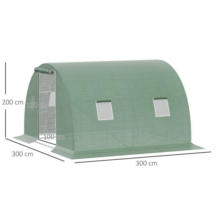 Serre de jardin tunnel - Outsunny - 9 m² - 4 fenêtres porte zippée enroulable - châssis acier galvanisé bâche PE - 3 x 3 x 2 m, vert