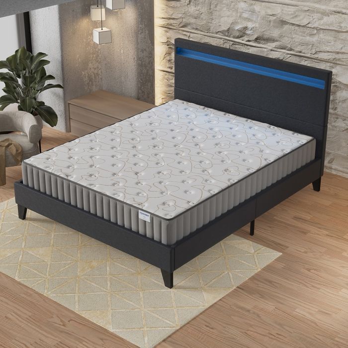 Matras en bedset (140 x 190 cm) Orionis 16 cm traagschuim & schuim met hoge dichtheid + stabiele lattenbodem & LED-hoofdbord zwart