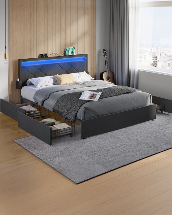 Bettgestell mit Stauraum, 160 x 200 cm, mit LED-Beleuchtung, 4 Schubladen, Steckdosenleiste, verstellbarem, gepolstertem Kopfteil, schiefergrau und mattschwarz
