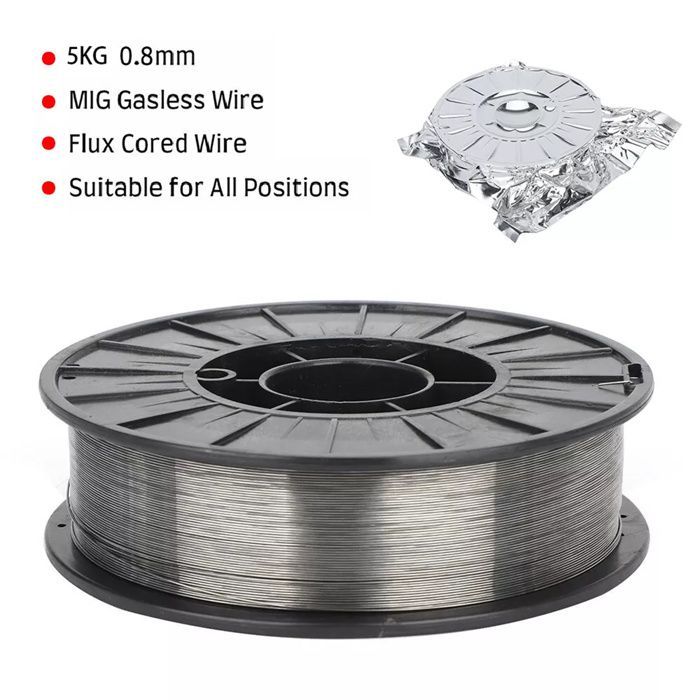 Alambre de soldadura de acero tubular con fundente sin gas E71T-GS de 0,8 mm y 5 kg, autoprotegido, universal para MIG en todas las direcciones.