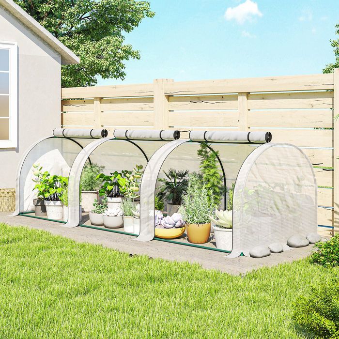 Mini invernadero tipo túnel - Outsunny - 3 x 1 x 0,8 m - Acero PE de alta densidad 140 g/m² - 3 puertas enrollables - Blanco