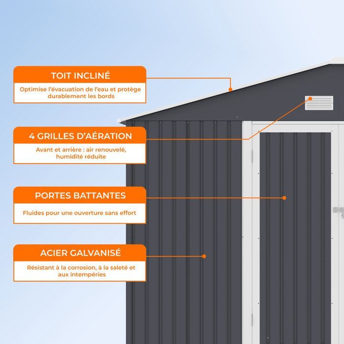 Abri de jardin en métal 10,85 m2 - 340 x 319 x 210 - LUNEX - Kit d'ancrage inclus, 2 portes battantes - Gris