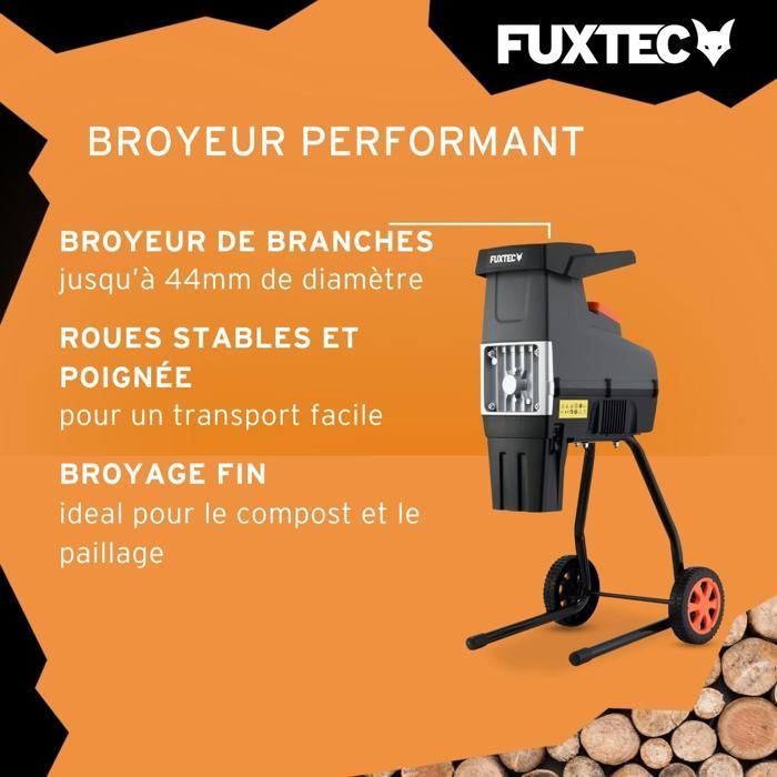 Broyeur de végétaux électrique FUXTEC FX-EGH2800T - 2800W rouleaux silencieux 92 dB, bac toile 60L, coupe branches Ø44mm