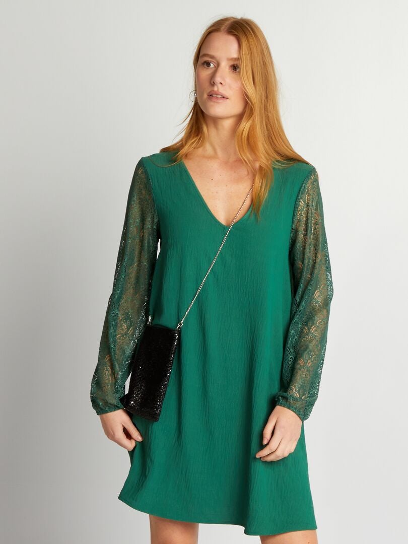 Vestido curto de crepe e renda - VERDE