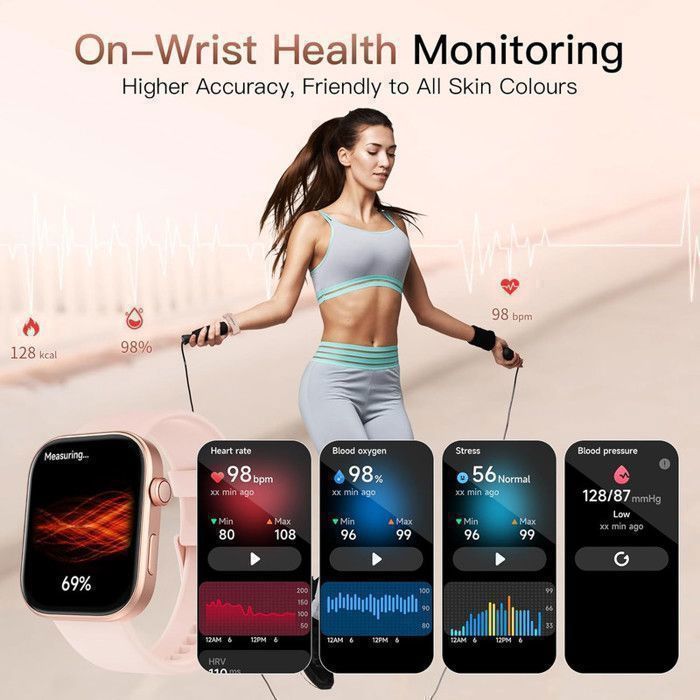 Smartwatch XtraDiTech, compatibile con Apple Watch, display AMOLED, 1,99 €, corona digitale, quinta generazione, PPG, monitoraggio della frequenza cardiaca, resistenza all'acqua fino a 3 ATM, durata della batteria di 12 giorni.