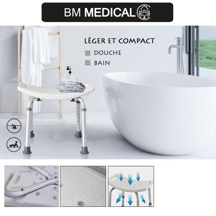 Siège de douche - Bm Médical TD-50SD - hauteur réglable, poignées, supports pommeau de douche - Anti-dérapants