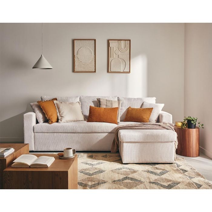 Cyrus - Sofá cama esquinero reversible de 4 plazas con almacenamiento - en pana - Beige
