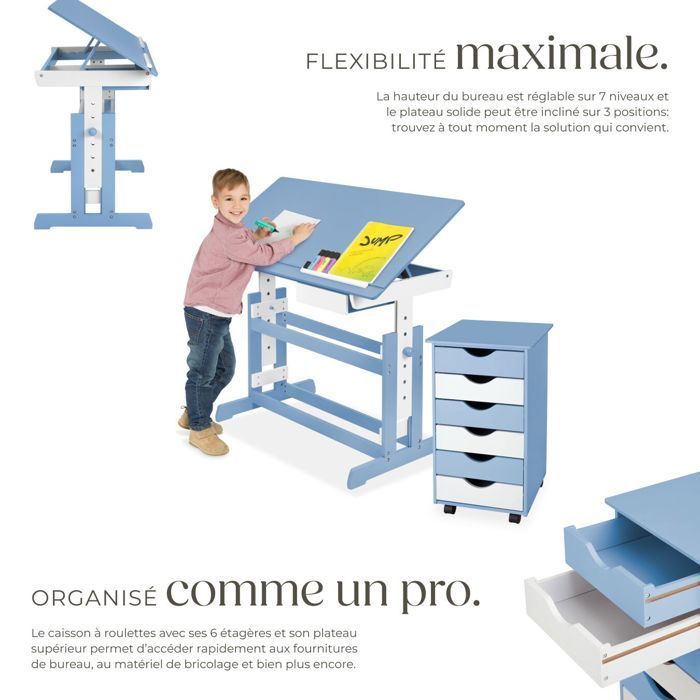 CHILDREN'S DESK - TECTAKE - Height-Adjustable and Tiltable Children's Desk Set and 6-Drawer Rolling Office Pedestal -
