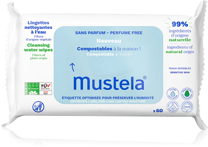 Lenços de limpeza Mustela Compostáveis para uso doméstico, sem perfume.