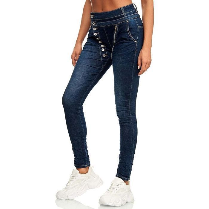 Jean Femme Slim Fit Boyfriend Coupe Ajustée avec Fermeture Boutons en Coton Élastique Bleu Foncé 48 4XL Pantalon Denim Tendance