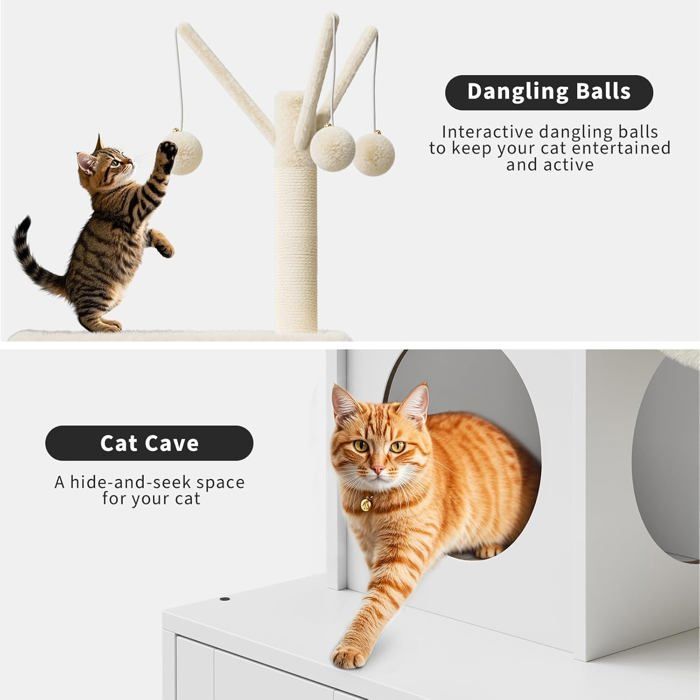 Árbol para gatos con arenero, unidad de baño de madera para gatos con torre, poste rascador, percha y plataformas - Blanco