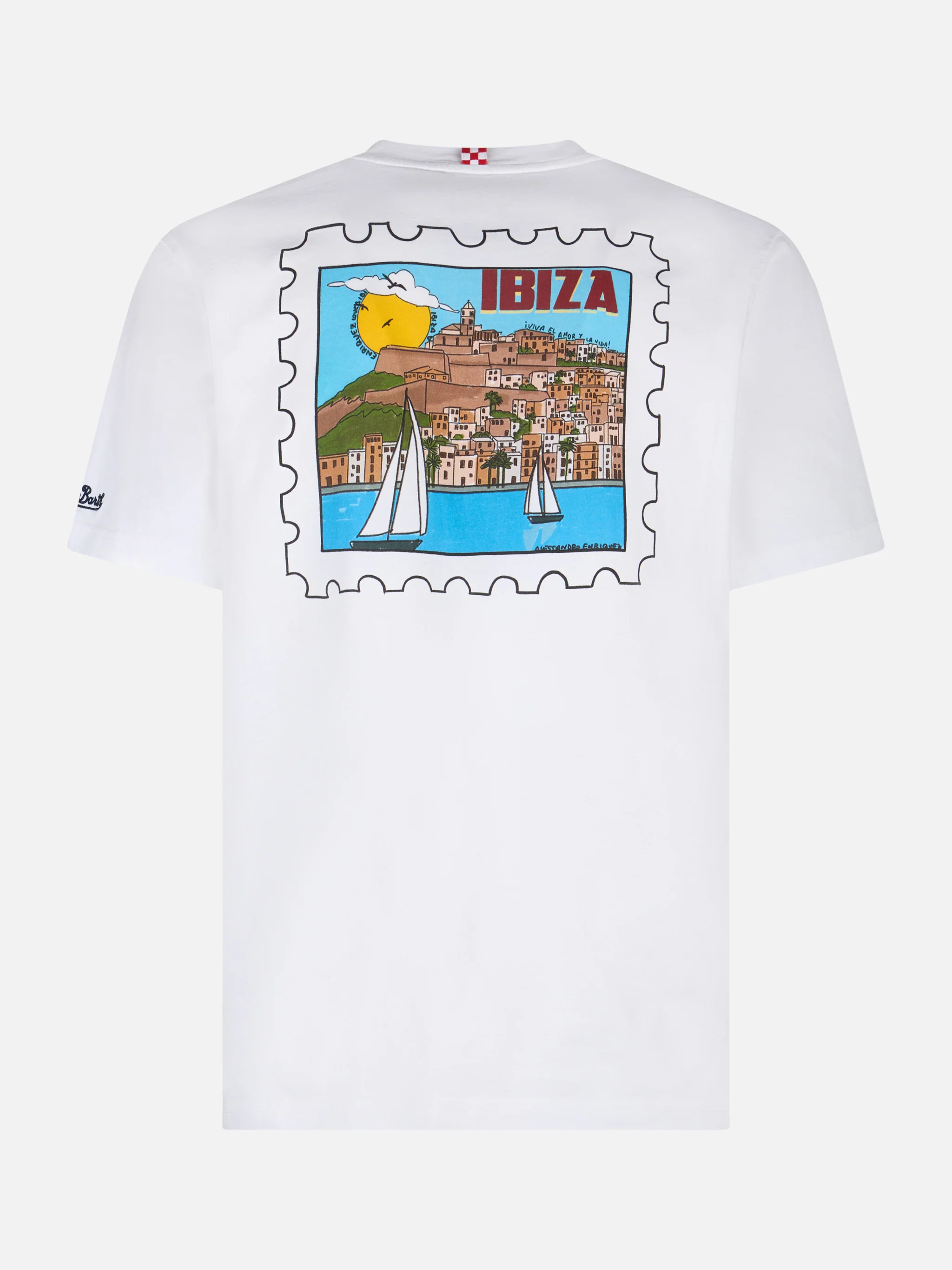 Heren katoenen T-shirt met Ibiza-ansichtkaartprint op voor- en achterkant.