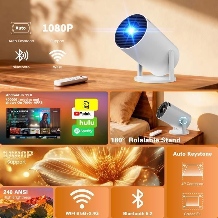 [Aplicativo integrado] Projetor de vídeo 4K 1080P, Mini projetor portátil Full HD 1080P com Wi-Fi 6 5G e Bluetooth 5.4 - Branco