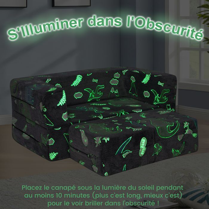 COSTWAY Canapé Modulaire Phosphorescent pour 2 Enfants Pliable 3 en 1, Housse en Flanelle Amovible 100 x 50,5 x 40 cm, Gris