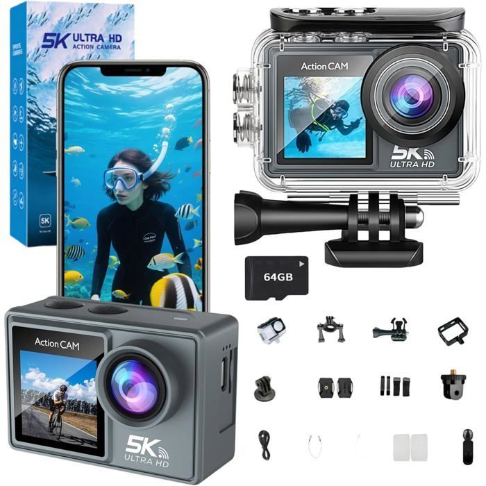 Caméra Sport 5K 30FPS 64Go, étanche 40M avec WiFi,écran Double, 2 Batteries, Accessoires Inclus, pour Les Aventures en Plein air