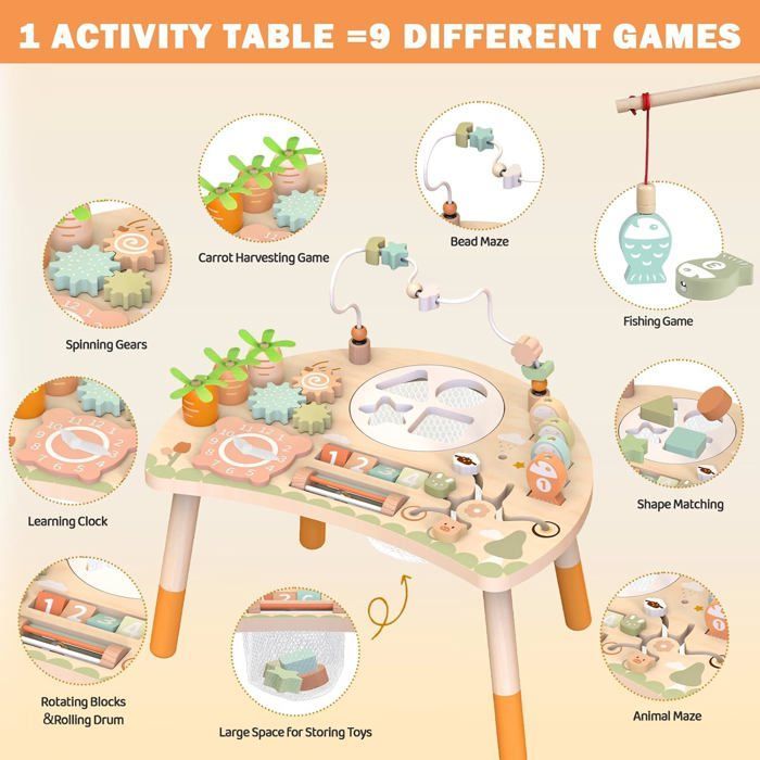 ZUUKO Houten Montessori Activiteitentafel - 9-in-1 - Vormensorteerder - Visspel - Kralenlabyrint