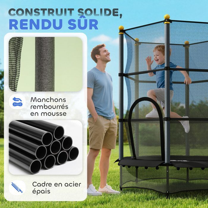 HOMCOM Children's Trampoline Ø 1.40 × 1.90H m Safety Net Zipped Door Spring Covers 6 Padded Poles Included Black