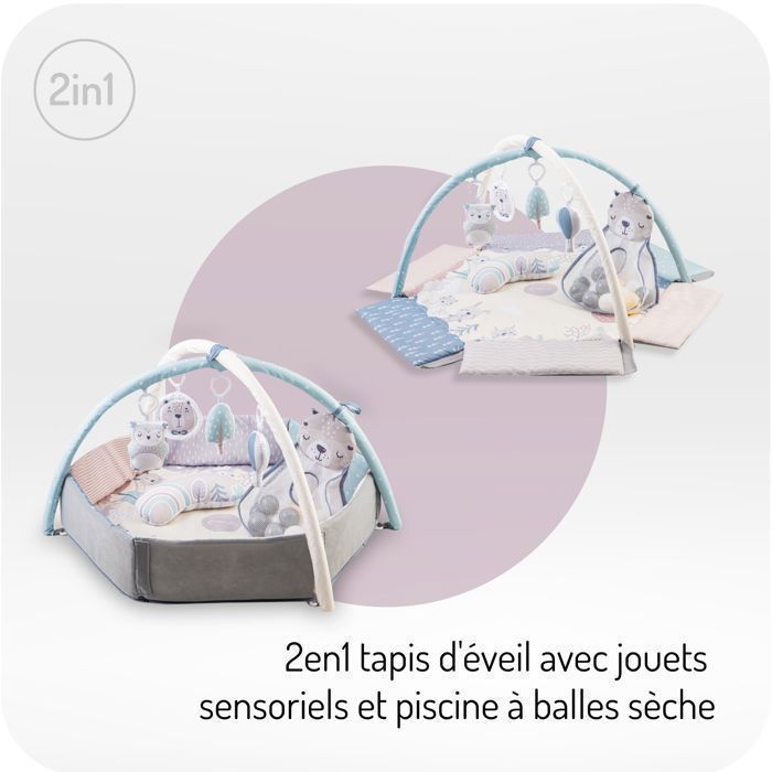 MoMi PASTEL – Alfombra de actividades 2 en 1 para bebés – Área de juegos o piscina de bolas – Juguetes sensoriales – Cojín y bolsa – Tonos pastel