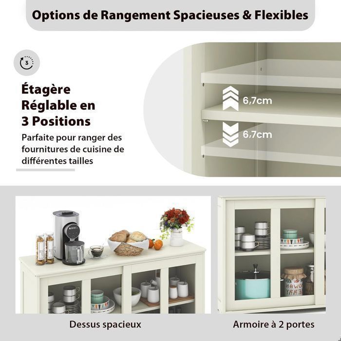 GIANTEX Buffet de Cuisine avec 2 Portes Coulissantes en Verre Trempé+ Étagère Réglable,Vaisselier/Meuble de Rangement Cuisine,Beige