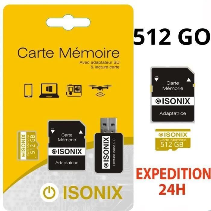 Carte Micro-SD 512 Go - ZISONIX - Classe 10 - Compatible smartphones et caméras - Adaptateur inclus - Noir