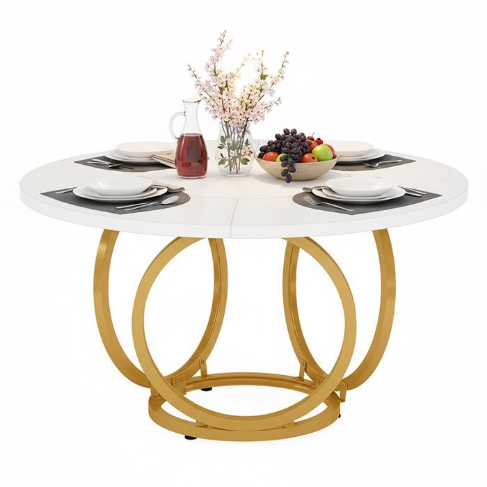 Table à Manger Ronde, 120 ×75 cm, Table de Cuisine Blanche pour 4, Pied métallique doré, Blanc et Or