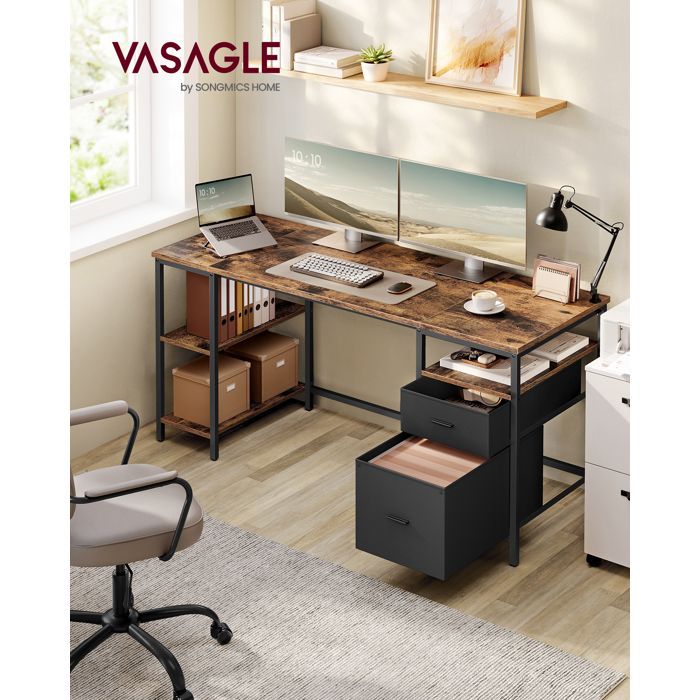 Scrivania per computer con vani portaoggetti, 3 ripiani, 2 cassetti, 160 x 60 x 76 cm, per ufficio e soggiorno, marrone rustico e nero opaco.