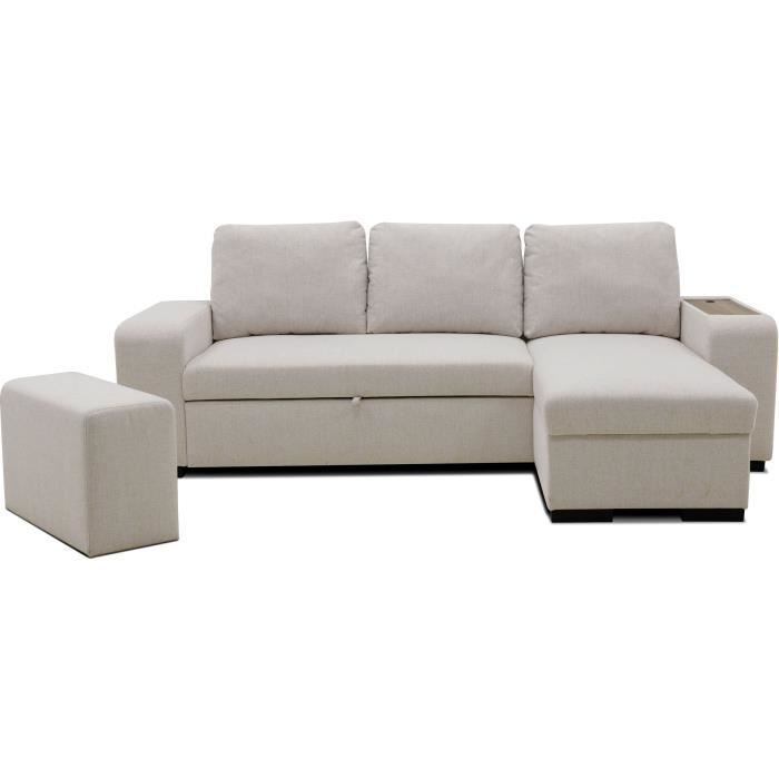 VALDO 3-4-zits omkeerbare hoekbank met slaapfunctie - Beige stof - Tablet met USB-poort - Opbergruimte + poef - B247xD143xH86 cm