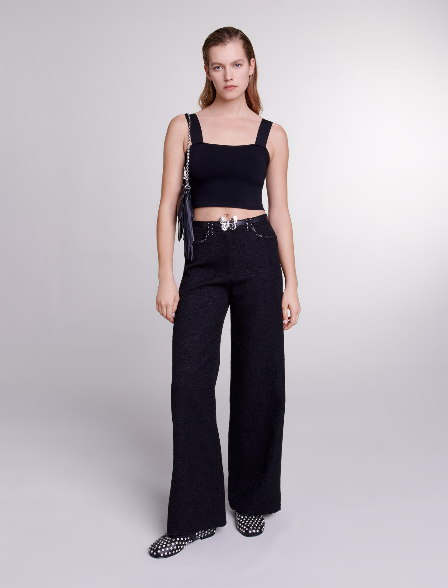 Pantaloni largi din tweed - Negru
