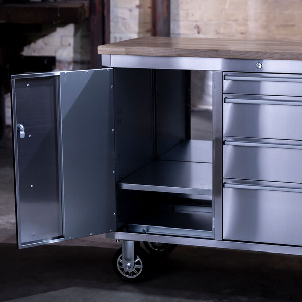 Stainless steel tool trolley with 4 drawers, 130cm