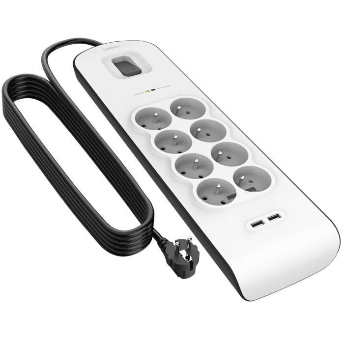 Multiprise Parafoudre - BELKIN - 8 Prises + 2 Ports USB - 2.4A - Câble 2m - 900 Joules