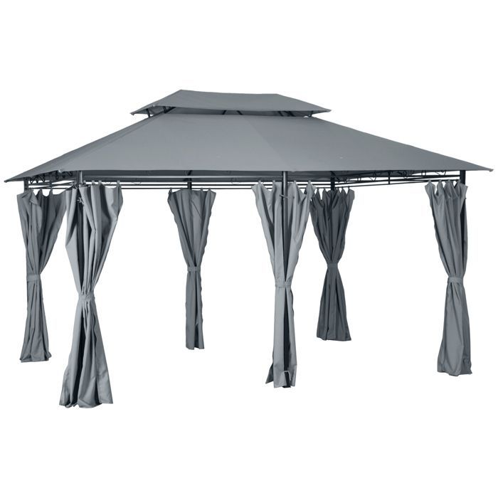 Tonnelle de jardin - Outsunny - pavillon style colonial double toit toiles latérales - acier - 3x4x2,8m - gris