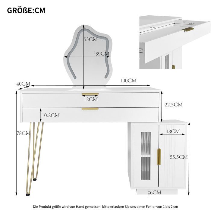 Tavolo da trucco Lemonbest con specchio a LED 100 x 40 x 78 cm, tavolo da trucco moderno con 2 cassetti e 2 ante - Bianco