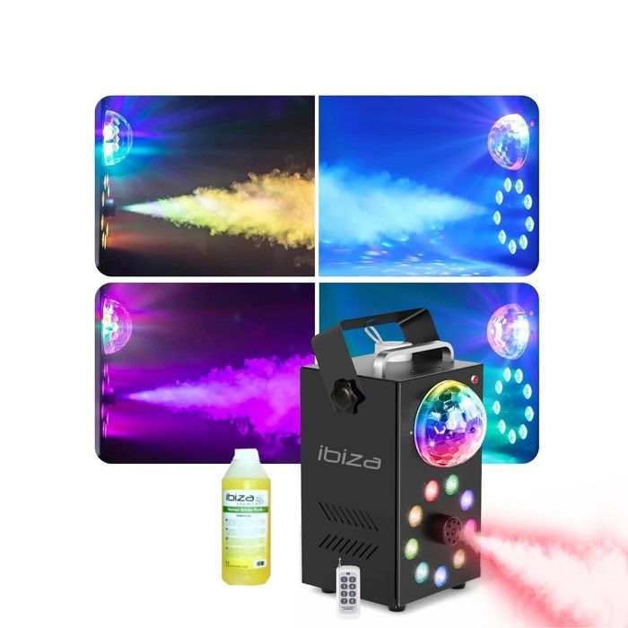Pack Lumière DJ Façade 1200 x 700 - Machine à fumée Lumineuse Ibiza FOGGY-ASTRO - Pied Support Tablette - 2 Supports Enceintes