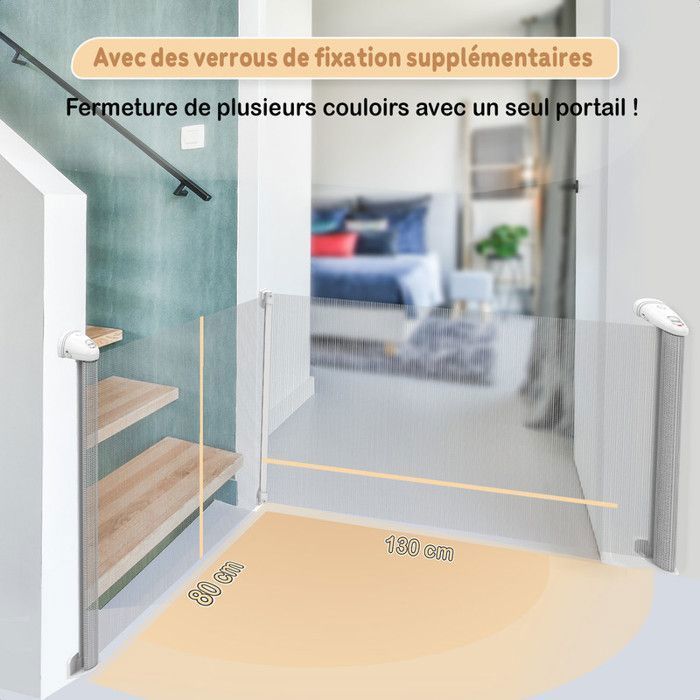 Twinky® Barrière Rétractable Bébé & Chien | Sécurité Escaliers & Maison | Protection Enfant | Design Gris 80x130 cm