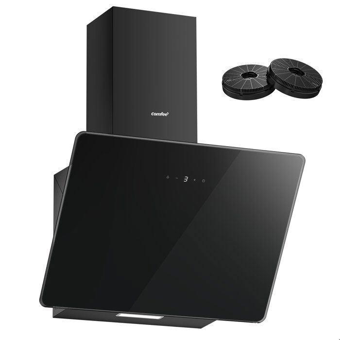 Cappa aspirante angolare Comfee da 60 cm - 400 m³/h - Comandi touch - 3 velocità - 2 filtri a carbone - Vetro nero