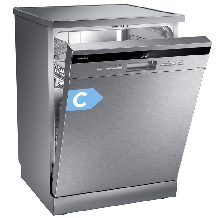 COMFEE Freestanding Dishwasher, 14 Place Settings, 8 Wash Programs, 44 dB(A), Delay Start, Half Load, Stainless Steel, Energy Class C