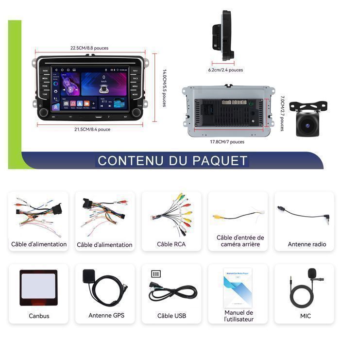 Autorradio Hikity 4G + 64G de 7 pulgadas con Android 15 para VW Golf 5, 6, Touran y Polo, con CarPlay inalámbrico, Android Auto, GPS y cámara de visión trasera.