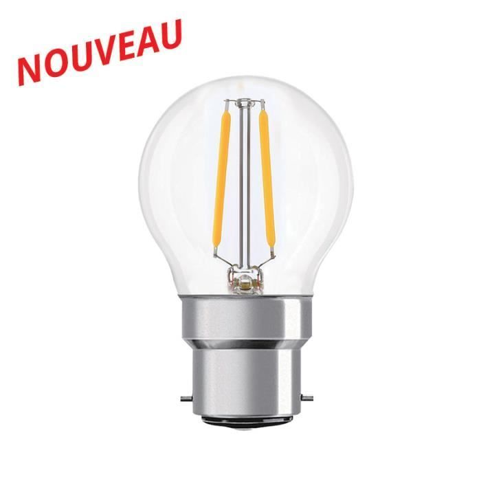 Bombilla LED esférica mini transparente de filamento de 2,5 W, sin parpadeo, B22, 250 lm, luz blanca cálida de 2700 K.