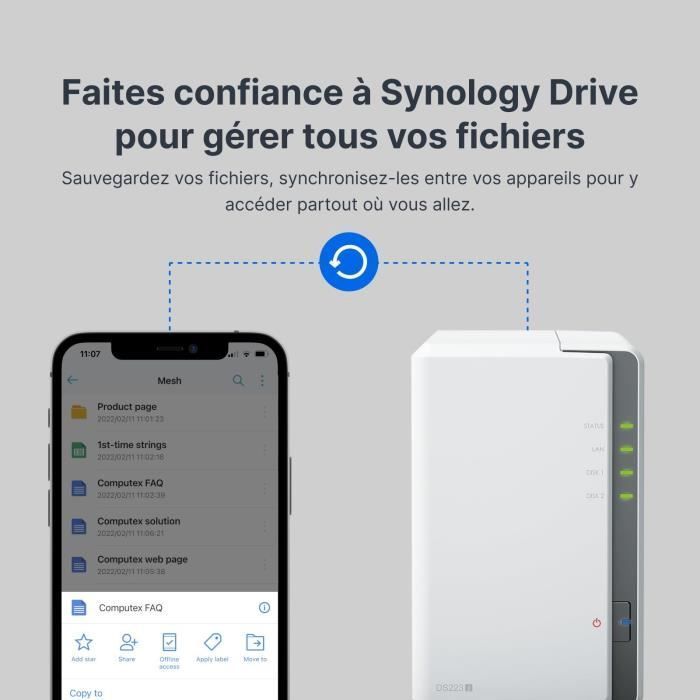 Servidor NAS - SYNOLOGY - DS223J - 2 baias - SATA 6Gb/s - RAID 1 - 1 GB de RAM