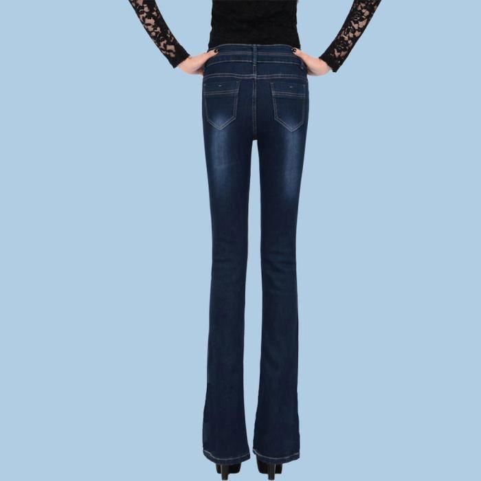 Pantalones vaqueros acampanados de talle alto para mujer, corte ajustado, bota, de mezclilla elástica con cómodo efecto lavado - Azul oscuro