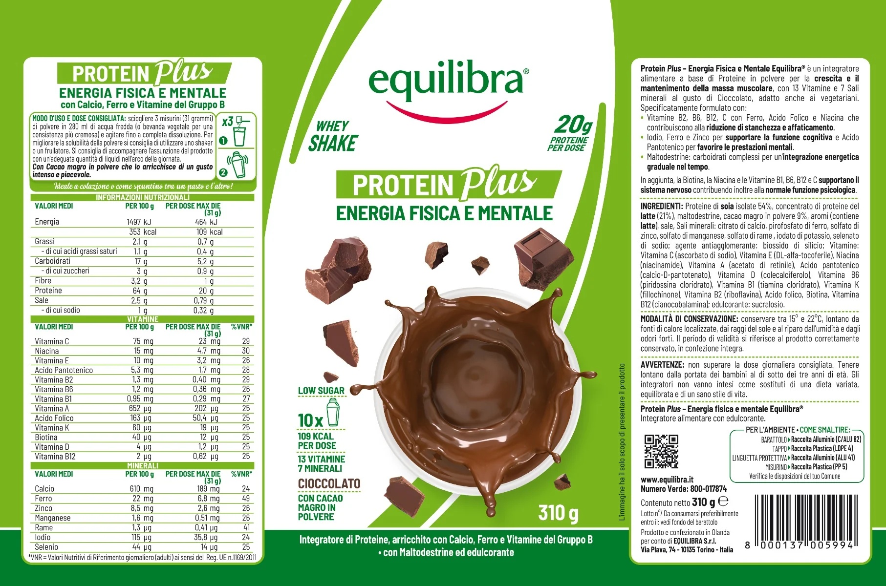 Equilibra eiwitshake Equilibra Chocolade 310 g eiwit