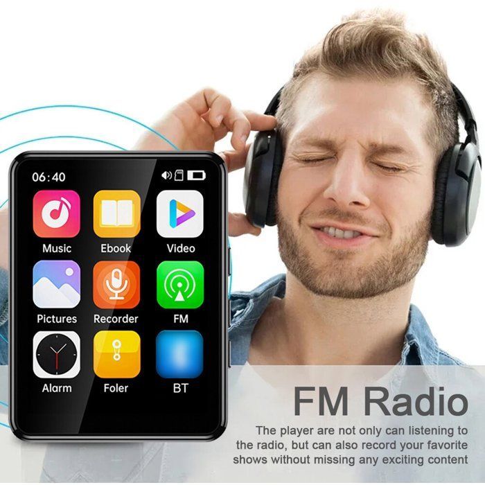 Reproductor MP4/MP3 Bluetooth, sonido HiFi sin pérdidas, pantalla táctil de 2,4 pulgadas, radio FM