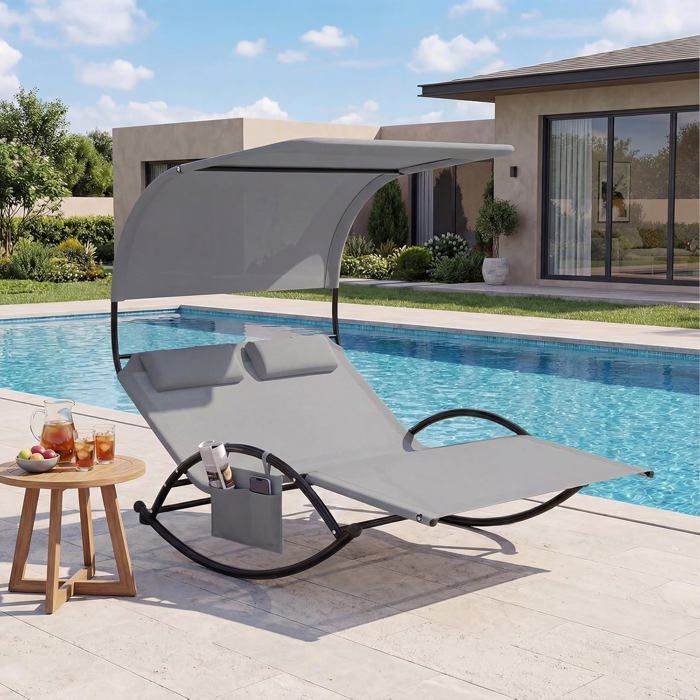 Silla mecedora de jardín de 2 plazas COSTWAY, 2 reposacabezas extraíbles, tumbona ergonómica para 2 personas, color gris.