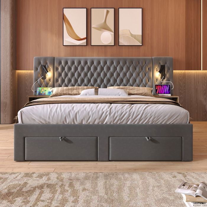 Letto matrimoniale contenitore 160 x 200 cm con lampada da lettura e porta USB, letto con 2 tavolini e 4 cassetti, rete a doghe, velluto grigio