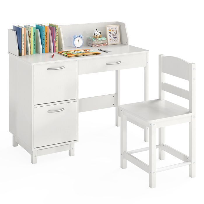 Escritorio infantil GOPLUS con silla - 90x45x81CM - 1 cajón deslizante + 2 puertas + estante superior - Blanco