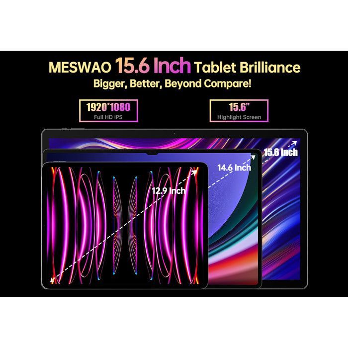 MESWAO 15.6-inch Android 14 Tablet, 12GB RAM + 128GB ROM, 12000mAh Battery, BT5.0, 2.4G/5G WiFi, 32MP Camera