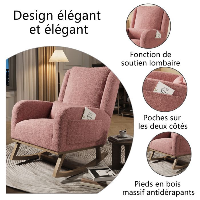 Fauteuil à Bascule, Chaise Allaitement, Fauteuil à Accoudoirs, Chaise a Bascule Allaitement, Teddy Velours, Rose