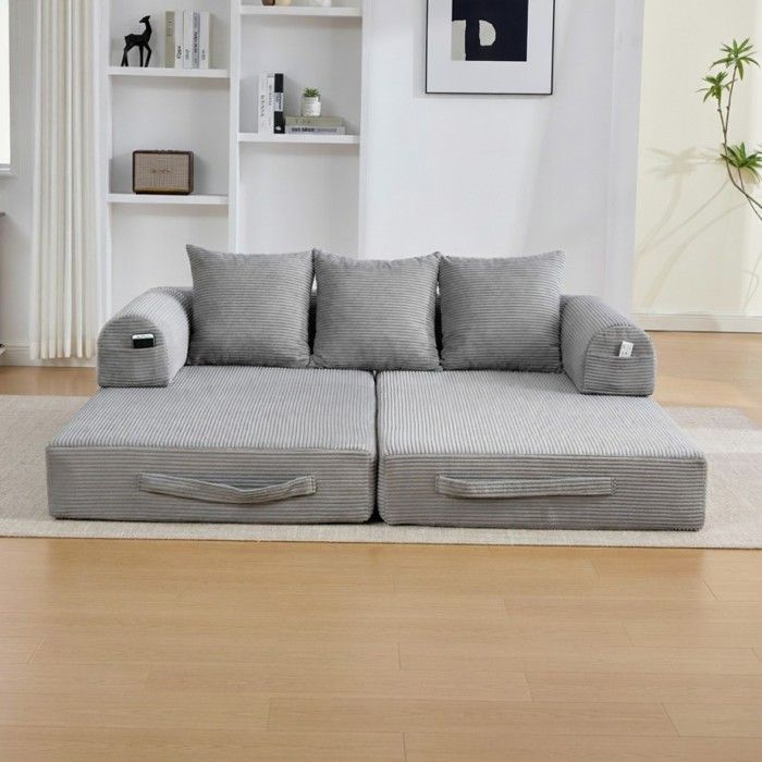 Modular Sofa - LANGTU - Modular - Light Grey Corduroy - Metal Frame - 3 Cushions & Side Pocket