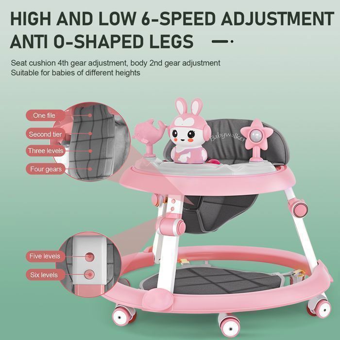 Andador multifuncional para bebé FLASIDU - Con disco musical - 6-18 meses - 7 alturas ajustables - Rosa - Altura 52 cm